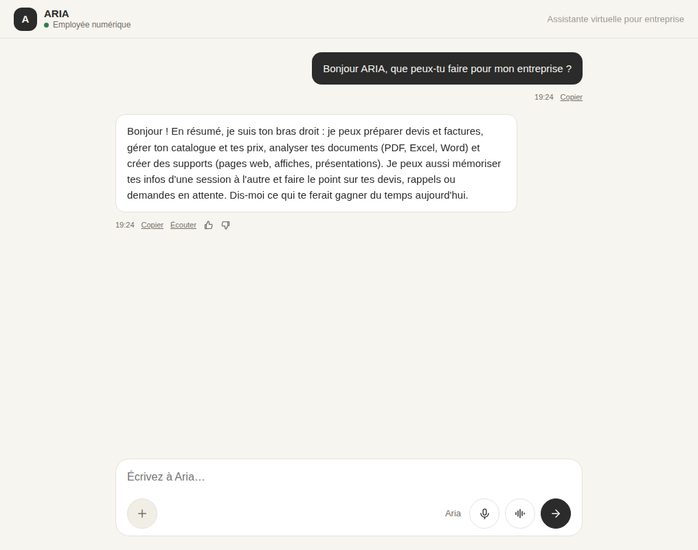 L’accueil d’ARIA sur chat.galon.ai : « Qu’est-ce qu’on fait aujourd’hui ? »